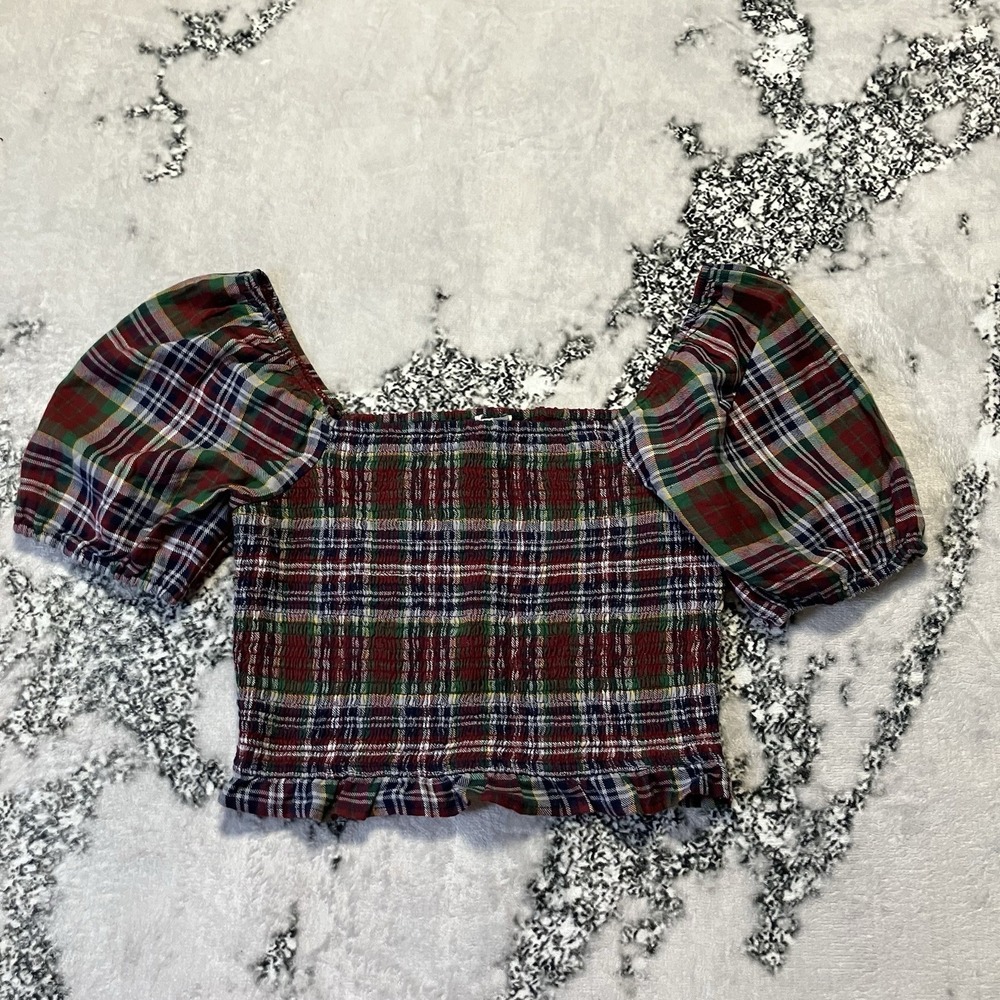 American Eagle Top Sz L Smocked Plaid Puff Sleeve Crop Red Green Tartan